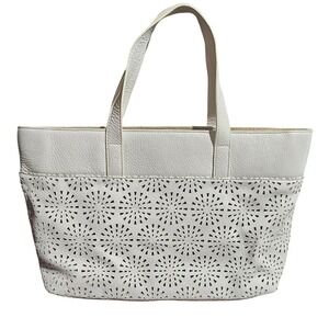 TALBOTS laser cut punch  floral starburst white leather linen tote purse spring